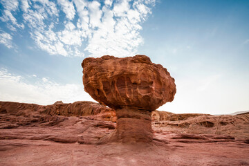 Sculpture of a Mushroom made by nature in the Arava Valley near Eilat. Timna Park. Israel.   