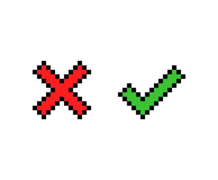 Pixel Art 8-bit Check Mark And Cross Mark. Tick And Cross Sign. Circle Shape YES And NO Button. - Isolated Vector Illustration
