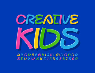 Vector bright emblem Creative Kids. Artistic colorful Font. Trendy Alphabet Letters and Numbers set