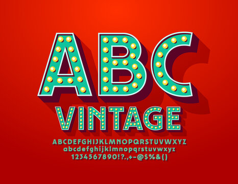 Vector Vintage Alphabet. Green retro Font with Lamps. Decorative Light Bulb Letters and Numbers set