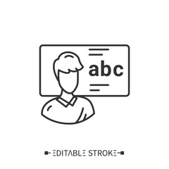 Language tutor line icon. Education with a teacher, mentor, trainer. School personnel. Foreign languages learning methods and translation education concept.Isolated vector illustration.Editable stroke