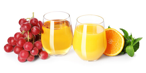 Glasses of delicious juices and fresh fruits on white background