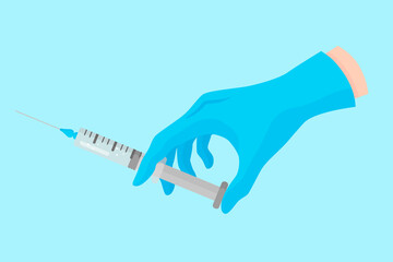 Vector cartoon hand of a dentist in a blue glove that hold a dental instrument: syringe with medicine or anesthesia