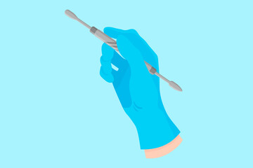 Vector cartoon hand of a dentist in a blue glove that hold a dental instrument: spatula for stirring filling material.