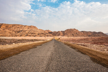 Picturesque landscape with a road  in Timna National Park in the Arava Valley near Eilat. Israel.