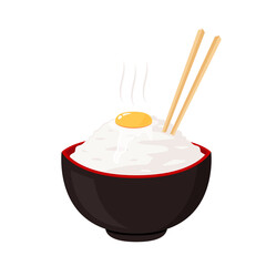 japan cup and chopsticks vector. rice in the cup. Egg on the rice.