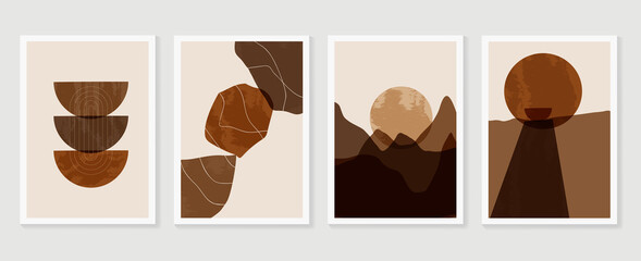 Fototapeta na wymiar Mountain wall art vector set. Earth tones landscapes backgrounds set with moon and sun. Abstract Plant Art design for print, cover, wallpaper, Minimal and natural wall art. Vector illustration..