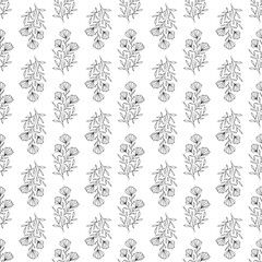 Seamless black and white pattern with cute floral elements. Vector repeat illustration.