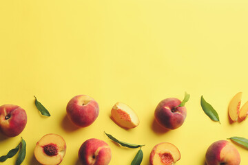 Fresh ripe peaches and green leaves on yellow background, flat lay. Space for text