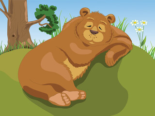 Obraz na płótnie Canvas A bear sleeps sweetly on a hill in summer under a tree. Good brown bear.