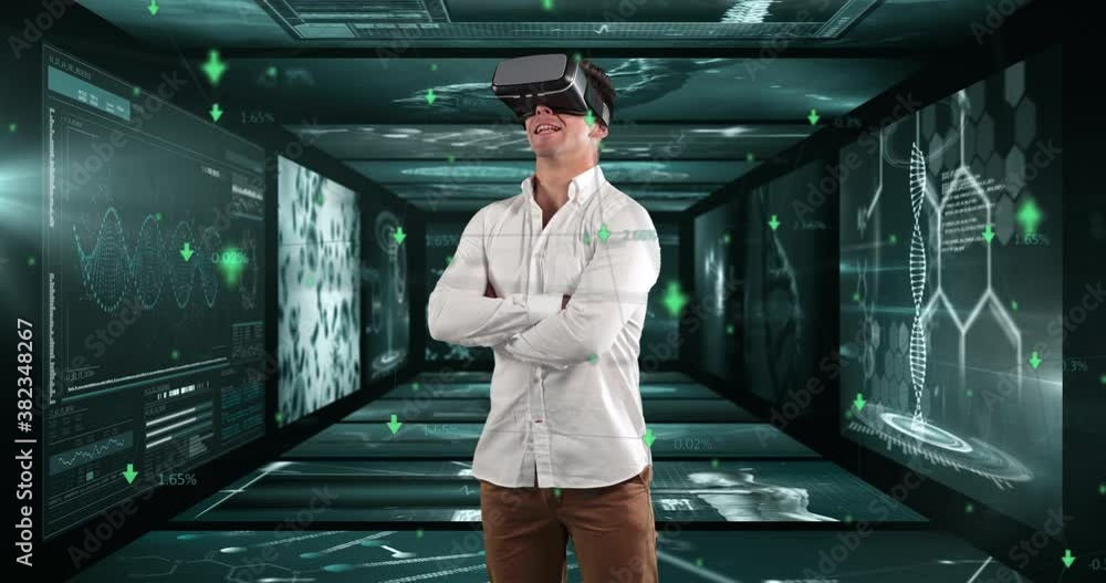 Aufkleber man using vr headset against screens with medical data processing