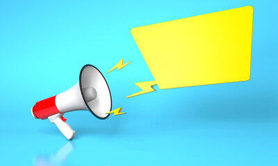 Red megaphone loudspeaker and yellow bubble on a blue background. template blank. 3d render