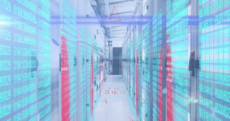 Mathematical equations and cyber security data processing against server room - Powered by Adobe