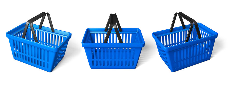 Set blue shopping basket. isolated on white background. 3d render