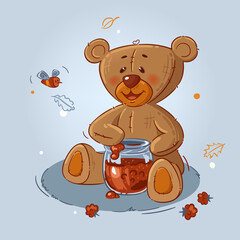 Cute cartoon vector Teddy bear with jam, isolated on background