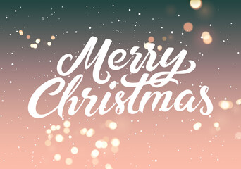 Merry Christmas. Calligraphic retro Christmas greeting card design with lights bokeh effect. Vector illustration with calligraphic inscription. Eps 10.