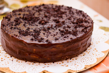 tasty homemade chocolate cake on table