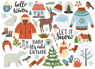 Winter season element set: warm clothes, polar bear, white rabbit, deer, calligraphy quotes. Perfect for scrapbooking, greeting card, sticker kit. Hand drawn vector illustration
