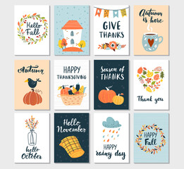 Autumn templates set. Perfect for card design, party invitation, poster, tag. Hand drawn vector illustration