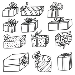 Set of doodle gift boxes with bows of various shapes and sizes, presents coloring page in isometric, vector outline illustration for design and creativity