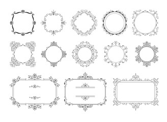 Set of vintage circle and rectangle frames. Elegant filigree design. Vector isolated illustration.