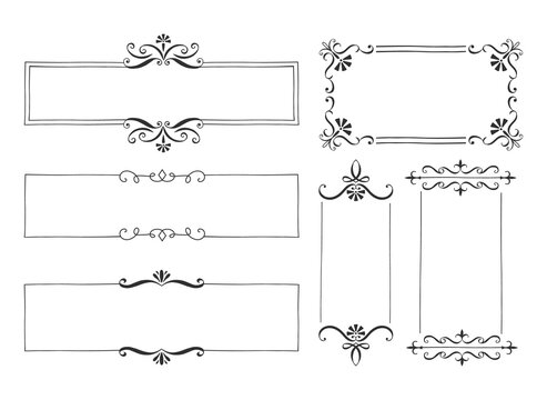 Set of rectangle vintage frames. Decorative hand drawn borders. Vector isolated illustration.