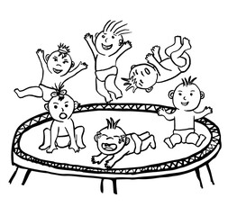 Vector black and white linear sketch of funny babies jumping on a trampoline. Simple clipart of children playing in different poses, with different moods and faces