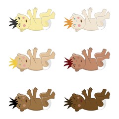 Set of six multinational baby boys lying on their back. Vector cliparts of toddlers with colorful hair, eyes and skin