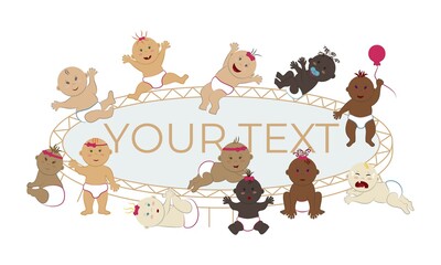 Vector illustration of multinational babies jumping on a trampoline. Happy naked toddler boys and girls in diapers have fun playing. Background with copy space