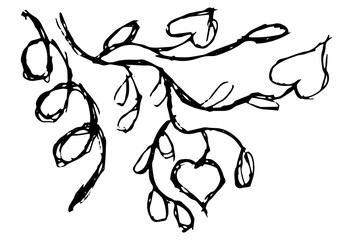 Simple vector grunge black and white floral design element with stem, curls and hearts. Vintage hand-drawn sketch isolated on white background
