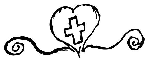 Simple grunge vector clipart of a heart with a cross inside. Freehand black and white outline drawing. The concept of faith, kindness, medicine, etc.