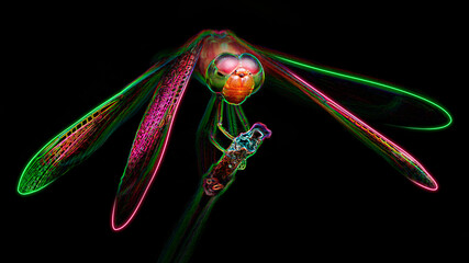 multicolored dragonfly on its perch, macro photo of this gracious and fragile predator with wide wings and big faceted eyes, nature scene, digital neon light effect, black background, Thailand © Joolyann