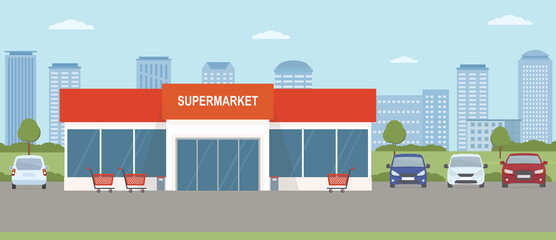 Supermarket building with parking lot. Urban landscape. Flat style, vector illustration.