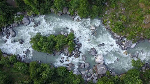 Aerial lockup shot of a mountain stream,river in Manali, Himachal Pradesh | Composed & Framed | Perfect for background