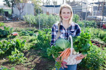 Young woman professional gardener holding basket with harvest in garden outdoor