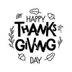 Autumn round wreath with Happy Thanksgiving Day lettering. Autumn celebration vector frame for Thanksgiving Day. Lettering. For cards, prints, invitations, t-shirt design isolated on white background