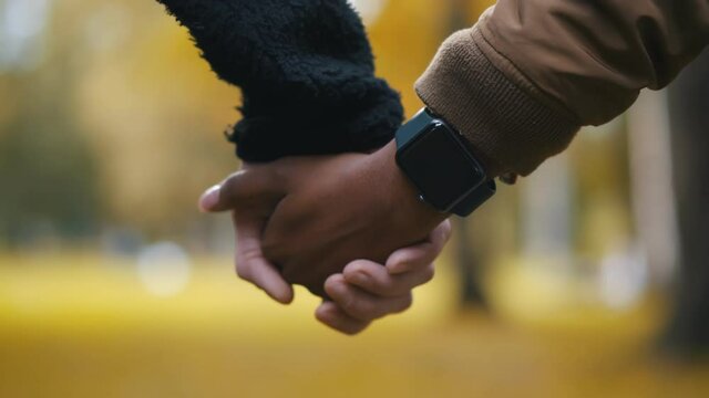 Close up of multiracial couple holding hands walking in park