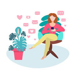 A young girl is sitting on a chair and talking on the phone. Communication in social networks and by mail. Surfing the Internet. Communicates via social networks. Vector illustration in flat style