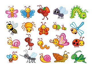Big vector set with cute insects on a white background in cartoon style. - 382352424