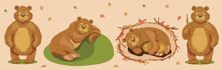 A bear sleeps sweetly on a hill in summer under a tree. Good brown bear. A bear with a bear cub sleeps in a den in the winter in an embrace. Ursa. Winter hibernation of bears