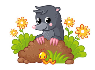 Cute little mole peeks out of the burrow. Vector illustration with animal
