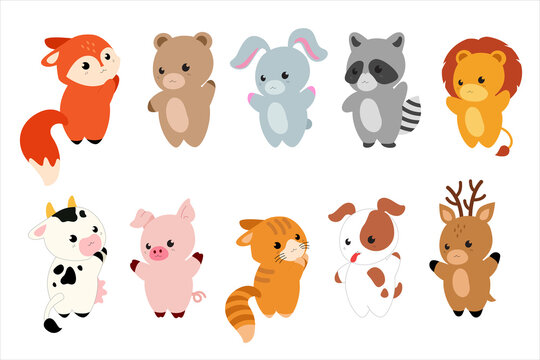 Cartoon cute Animals characters - bear, Fox, raccoon, dog, cat, cow, deer, rabbit, pig and lion. Vector illustration. Vector set with animals in kawaii style for baby cards and invitations.
