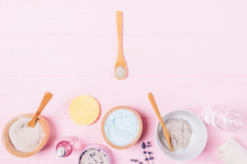 Flat lay homemade spa cosmetic products clay