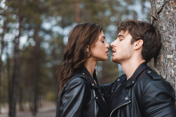 Young brunette woman kissing boyfriend in leather jacket near tree in forest