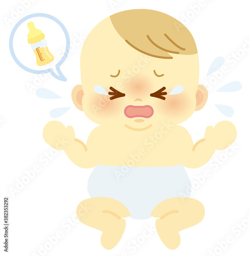 おむつ姿で哺乳瓶が欲しくて泣く表情の赤ちゃん ベビー全身イラスト67 Appetence Poster Appeten Kuroshimaharu