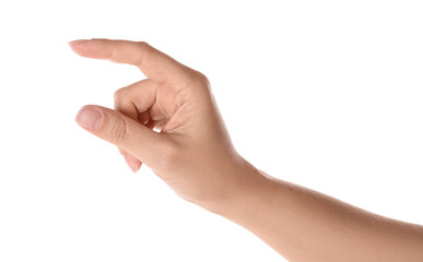 Woman pointing at something on white background, closeup of hand