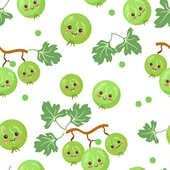 Kawaii gooseberry seamless pattern. Cute vector illustration. Funny smiling & happy food characters isolated on white background. Use for decorations, menu, cosmetics with Indian gooseberry - Amla.