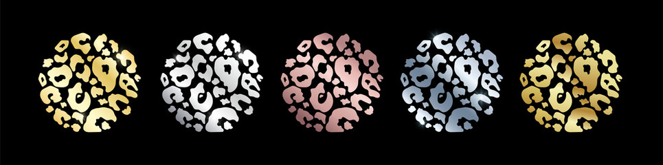 Trendy leopard textured gold abstract circle shape set. Vector wild animal cheetah skin metal gradient pattern elements collection for fashion print design, tag, card, social media background, advert © Ketmut