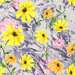 Seamless watercolour sunflowers pattern. watercolor yellow flowers, rose, poppy, sunflower, rudbeckia. Autumn plant, berry branch, currant. Floral plant art background.
 fabric, scarf, material.