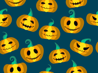 Spooky pumpkins seamless pattern. Jack-o-lantern. Halloween festive background for wrapping paper, print, fabric and printing. Vector illustration
